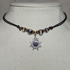Silver Sun Stainless Steel Ceramic Beaded Brown Boho Hippie Choker Necklace